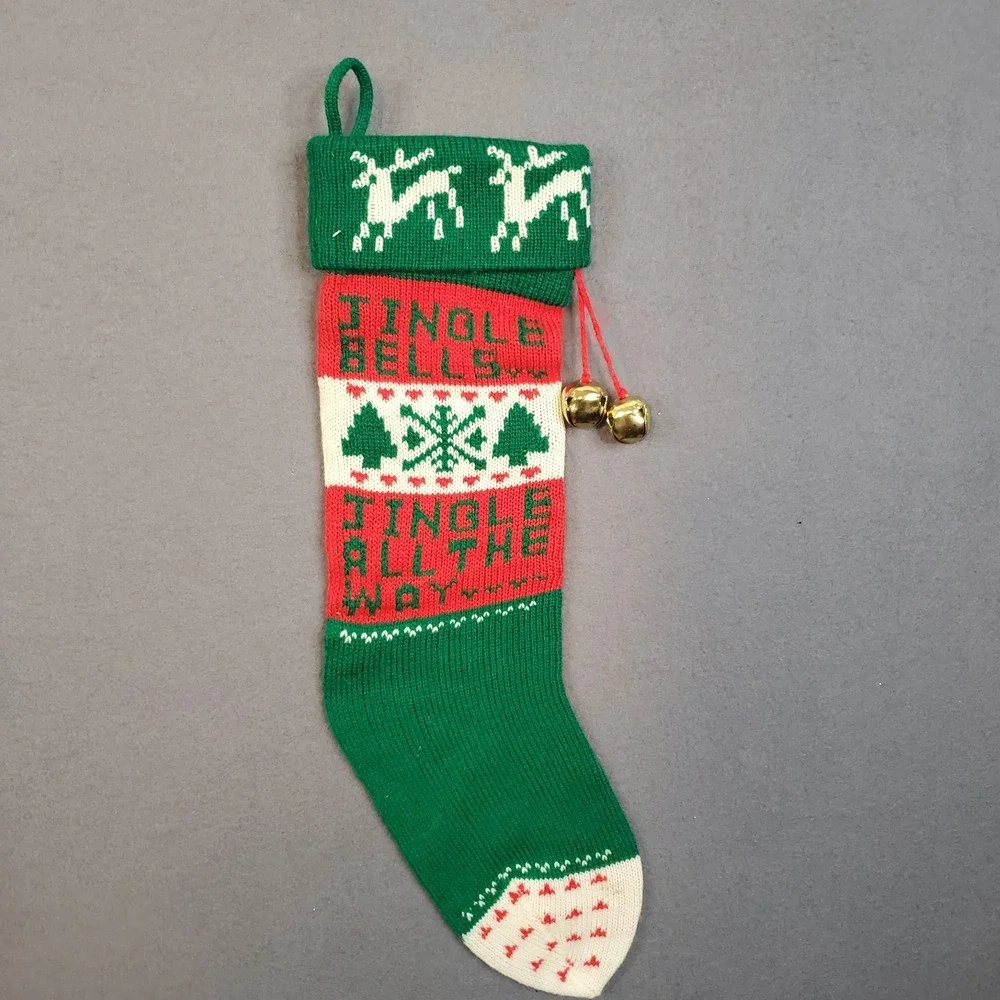 Vintage Knit Christmas Stocking Red White Green Jingle Bells All The Way 18